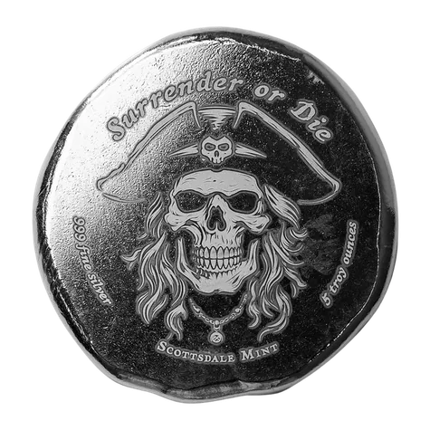 Apmex 5 oz Hand Poured Silver Button Pirate Skull